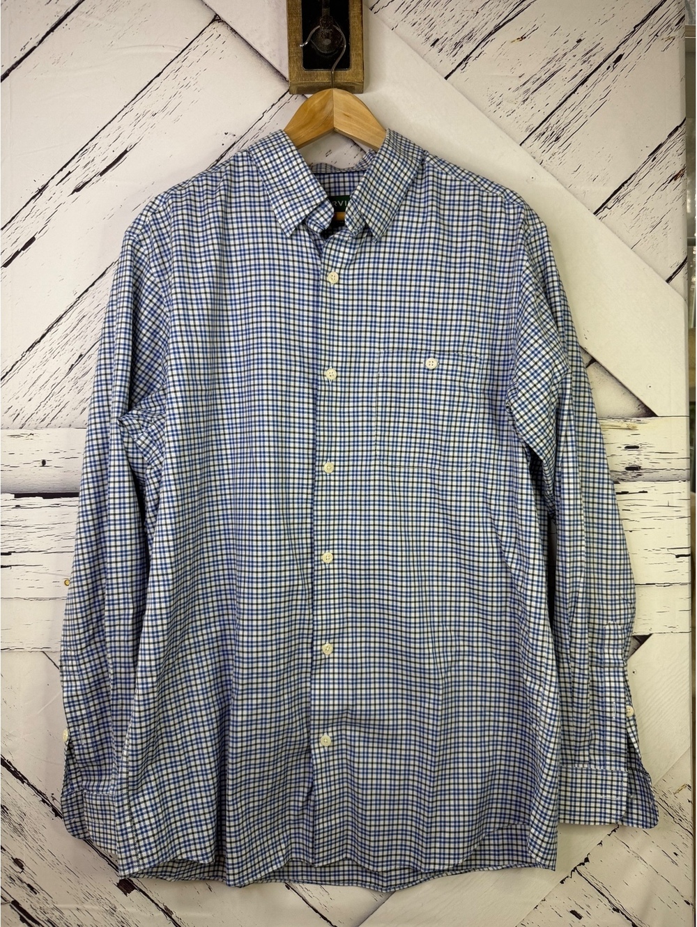 Orvis Long Sleeve Button Down Shirt Blue White Micro Check Plaid Mens LG Outdoor